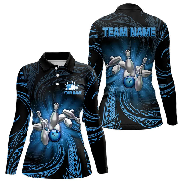 Blue tribal pattern Bowling Polo, Quarter Zip shirt for Women Custom team bowling jersey, bowling gift NQS9263