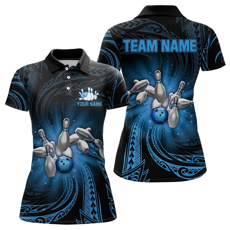 Blue tribal pattern Bowling Polo, Quarter Zip shirt for Women Custom team bowling jersey, bowling gift NQS9263