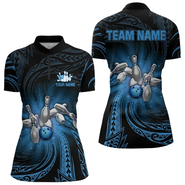 Blue tribal pattern Bowling Polo, Quarter Zip shirt for Women Custom team bowling jersey, bowling gift NQS9263