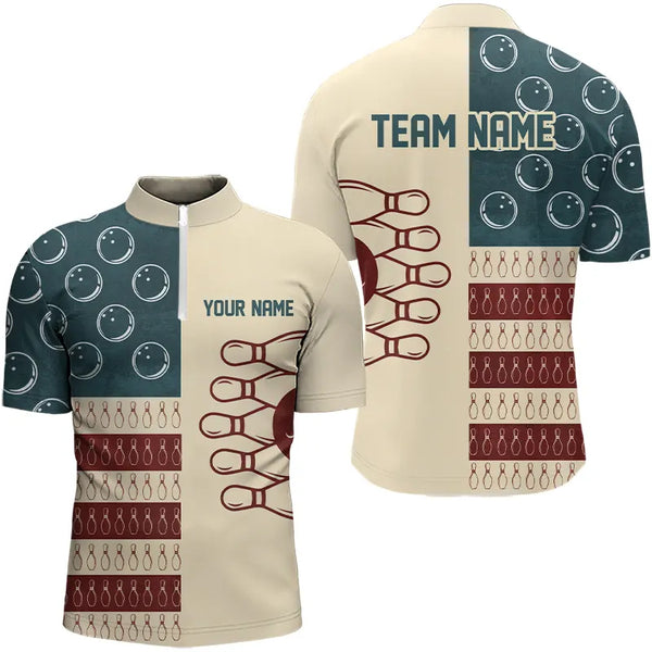 Vintage American Flag Bowling Polo, Quarter Zip shirt for men Custom retro bowling team jerseys NQS9264