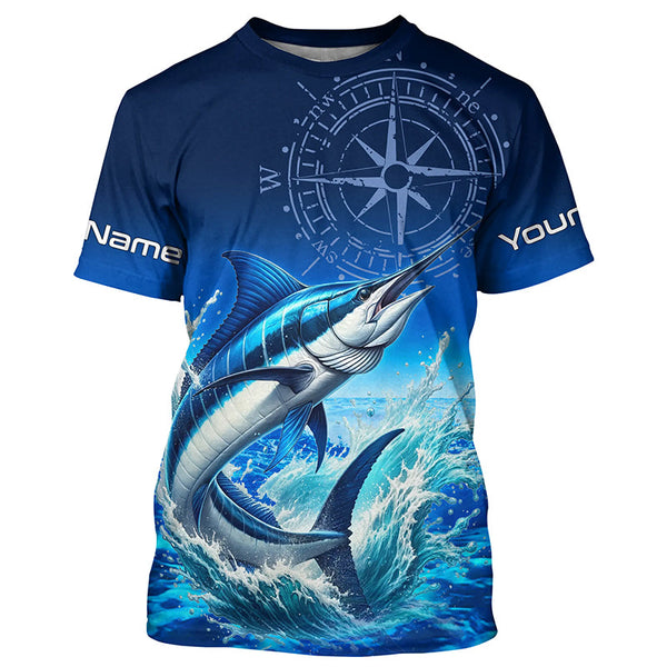 Personalized Marlin Blue Long Sleeve Performance Fishing Shirts, Marlin compass tournament Shirts NQS5816