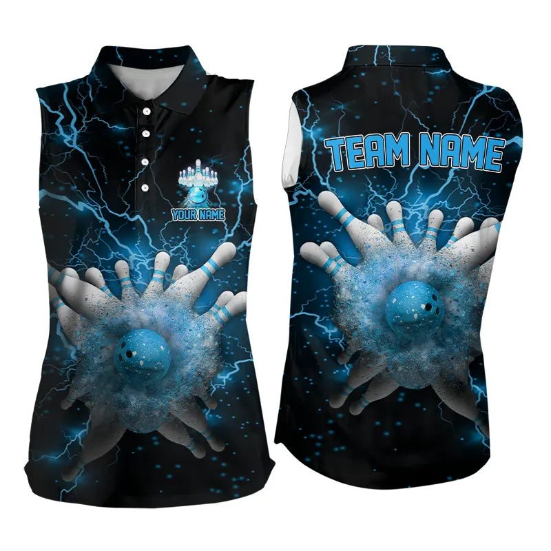 Blue Lightning thunder Women sleeveless polo shirts Custom team bowling jerseys, gifts for bowler NQS9269