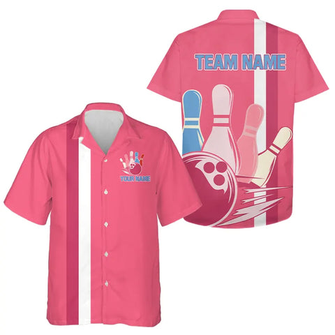 Pink Retro Bowling Hawaiian Shirt Custom team button up shirts, vintage bowling uniform NQS9275