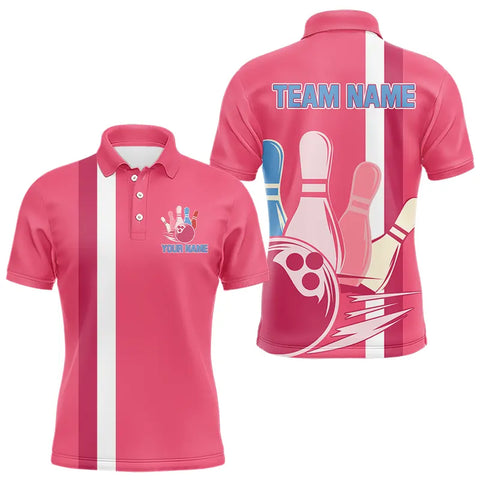 Retro Mens Bowling Polo, Quarter Zip shirt Custom team bowling jerseys, vintage bowling uniform | Pink NQS9275