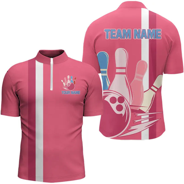 Retro Mens Bowling Polo, Quarter Zip shirt Custom team bowling jerseys, vintage bowling uniform | Pink NQS9275