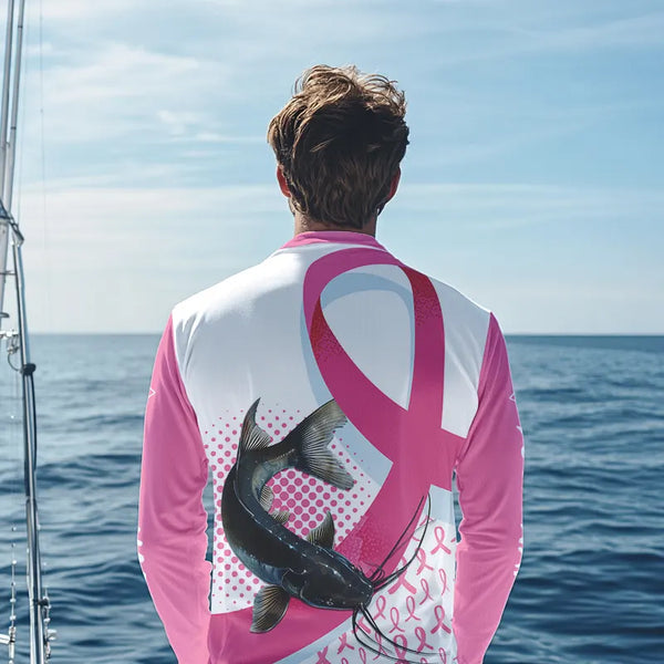 Pink ribbon pattern Catfish fishing Breast Cancer Custom sun protection long sleeves fishing shirts NQS9761
