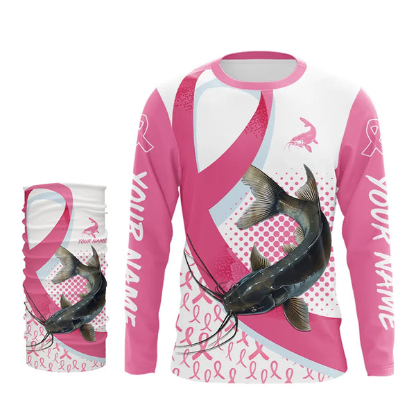 Pink ribbon pattern Catfish fishing Breast Cancer Custom sun protection long sleeves fishing shirts NQS9761