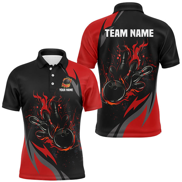Custom Black And Red Flame Bowling Shirts For Men, Bowling Ball and Pins Team Bowling League Jerseys NQS8346