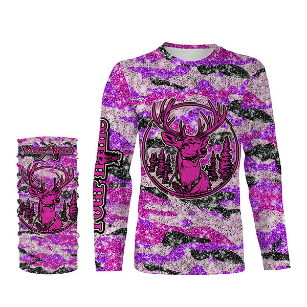 Pink glitter camo hunting Customize Name 3D All Over Printed Shirts, Deer hunting shirts for women NQS1051