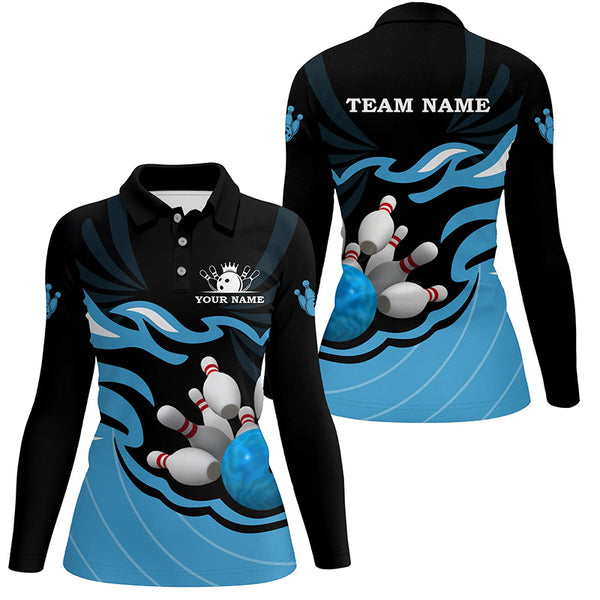 Black and Blue Women polo, quarter zip bowling shirt Custom bowling ball pins team league jerseys NQS8798