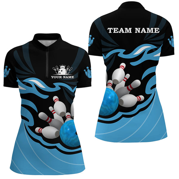 Black and Blue Women polo, quarter zip bowling shirt Custom bowling ball pins team league jerseys NQS8798