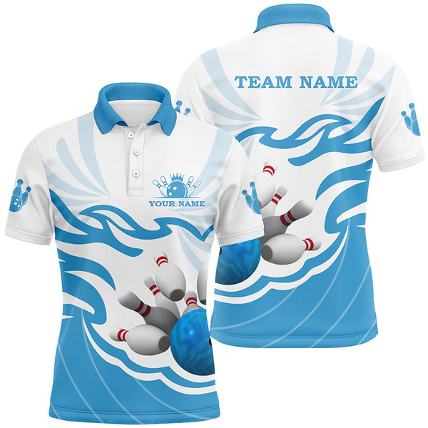 White and Blue Mens polo, quarter zip bowling shirt Custom bowling ball pins team league jerseys NQS8799