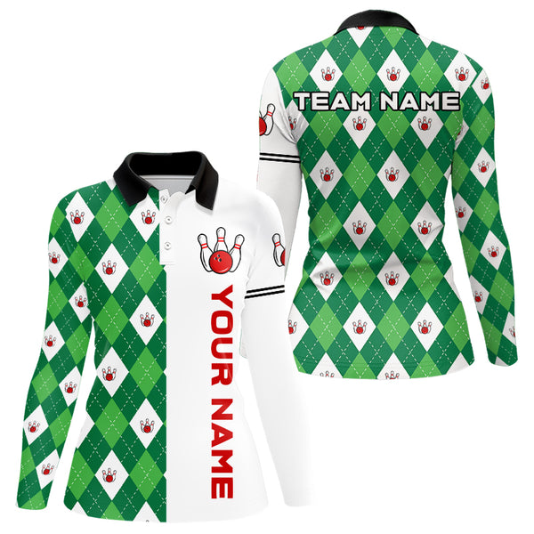 Personalized White and Green argyle pattern Bowling Shirts For Women custom Bowling Team Jerseys NQS9047