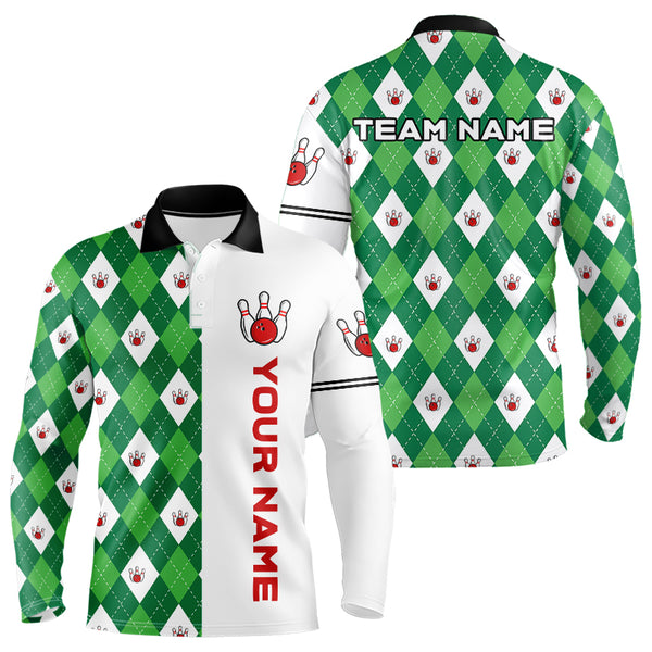 Personalized White and Green argyle pattern Bowling Shirts For Men custom Bowling Team Jerseys NQS9047