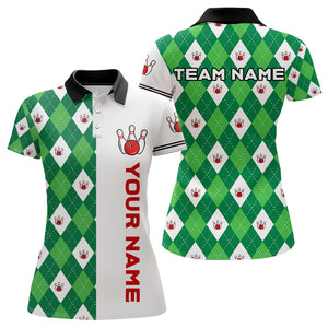 Personalized White and Green argyle pattern Bowling Shirts For Women custom Bowling Team Jerseys NQS9047