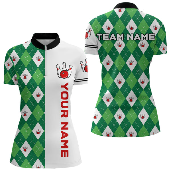 Personalized White and Green argyle pattern Bowling Shirts For Women custom Bowling Team Jerseys NQS9047