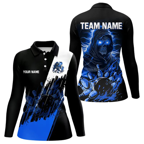 Black and Blue Skull reaper bowling jerseys Polo, 1/4 Zip Shirt for Women Custom Bowling Team shirts NQS9278