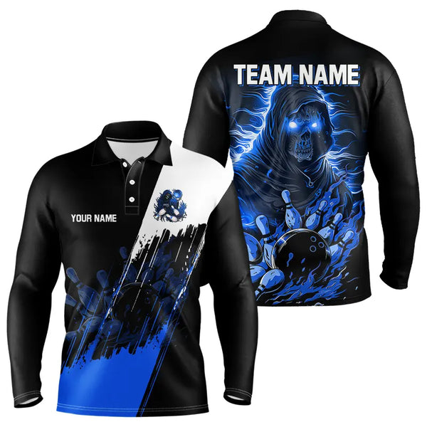 Black and Blue Skull reaper bowling jerseys Polo, 1/4 Zip Shirt for Men Custom Bowling Team shirts NQS9278