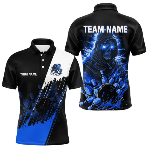 Black and Blue Skull reaper bowling jerseys Polo, 1/4 Zip Shirt for Men Custom Bowling Team shirts NQS9278