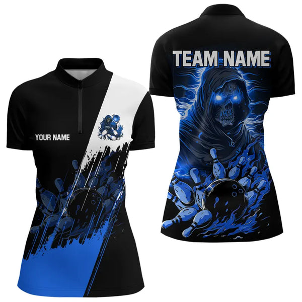 Black and Blue Skull reaper bowling jerseys Polo, 1/4 Zip Shirt for Women Custom Bowling Team shirts NQS9278