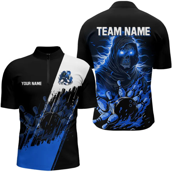 Black and Blue Skull reaper bowling jerseys Polo, 1/4 Zip Shirt for Men Custom Bowling Team shirts NQS9278