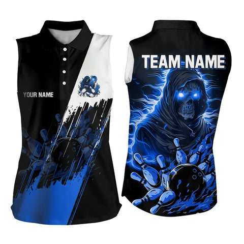 Black and Blue Skull reaper bowling jerseys Sleeveless Polo Shirt Custom Bowling Team shirts NQS9278