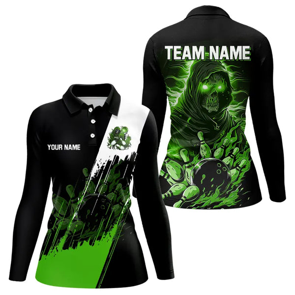 Black and Green Skull reaper bowling jerseys Polo, 1/4 Zip Shirt for Women Custom Bowling Team shirts NQS9279