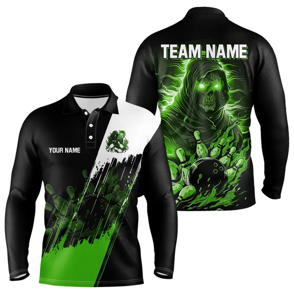 Black and Green Skull reaper bowling jerseys Polo, 1/4 Zip Shirt for Men Custom Bowling Team shirts NQS9279