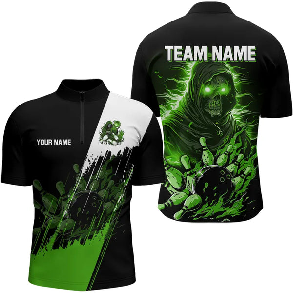 Black and Green Skull reaper bowling jerseys Polo, 1/4 Zip Shirt for Men Custom Bowling Team shirts NQS9279