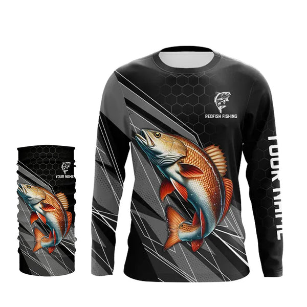 Personalized Black camo Redfish Fishing Jerseys, Red drum Long Sleeve Fishing Tournament Shirts NQS9281