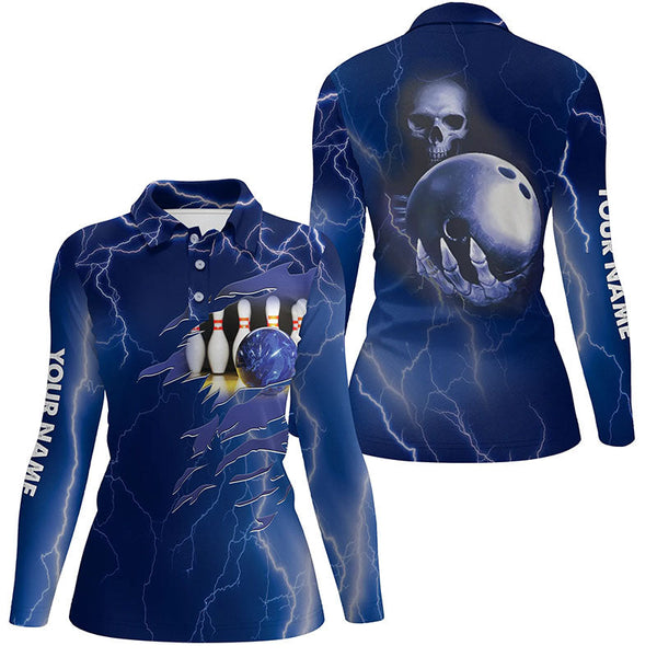 Personalized bowling polo shirt for women blue lightning Custom name Team skull bowling Jerseys NQS6022