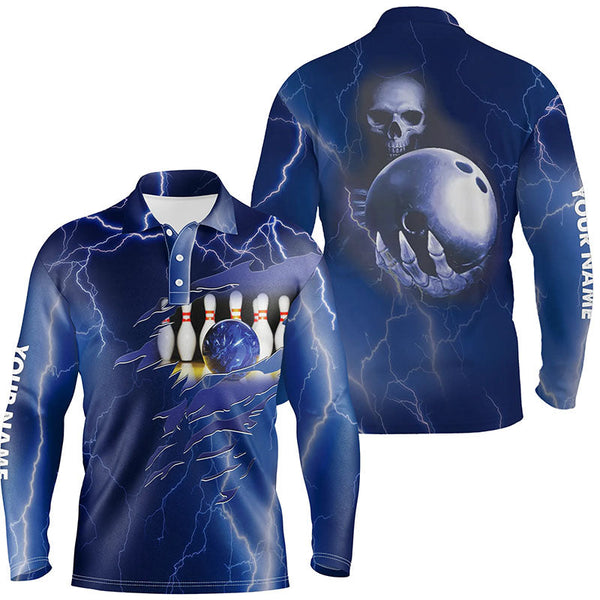 Personalized bowling polo shirt for men blue lightning Custom name Team skull bowling Jerseys NQS6022