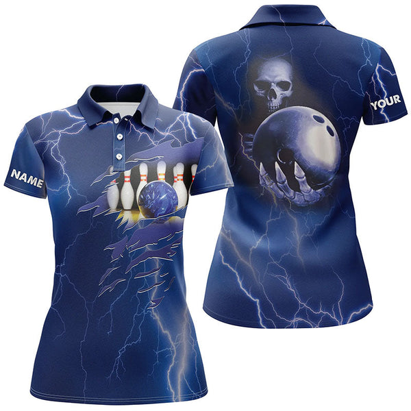 Personalized bowling polo shirt for women blue lightning Custom name Team skull bowling Jerseys NQS6022