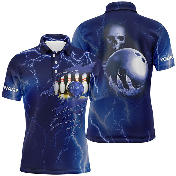 Personalized bowling polo shirt for men blue lightning Custom name Team skull bowling Jerseys NQS6022