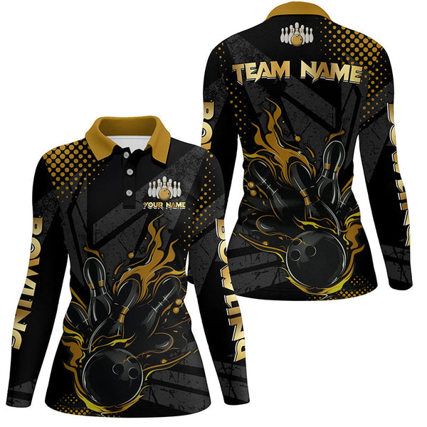Personalized Black and Gold Bowling Polo, 1/4 Zip Shirts For Women, Custom bowling Team Jerseys NQS8358