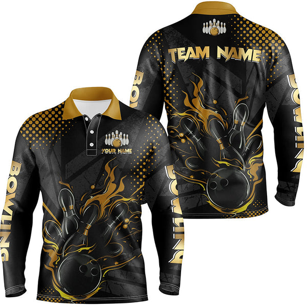 Personalized Black and Gold Bowling Polo, 1/4 Zip Shirts For Men, Custom bowling Team Jerseys NQS8358
