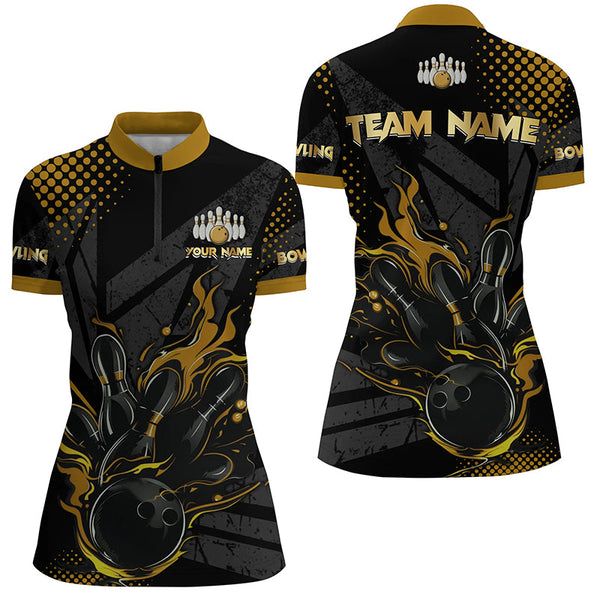 Personalized Black and Gold Bowling Polo, 1/4 Zip Shirts For Women, Custom bowling Team Jerseys NQS8358