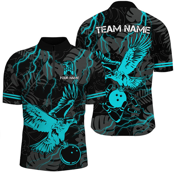 Black tropical Cyan Blue Eagle Bowling Polo, 1/4 Zip Shirts For Men, cool bowling team jerseys NQS8360