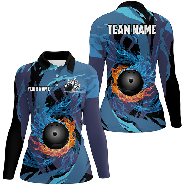 Orange and Blue Flame Camo Bowling Shirts For Women Custom Bowling Team League Jerseys with name NQS8814