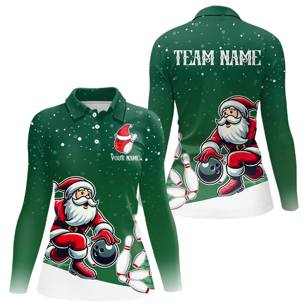 Christmas Santa Bowling Polo, Quarter Zip Shirt For Women Custom Christmas Bowling Team Jersey | Green NQS9053