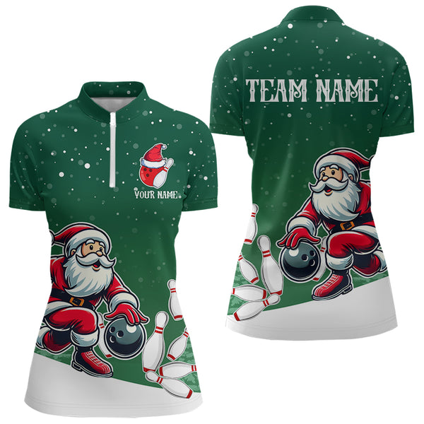 Christmas Santa Bowling Polo, Quarter Zip Shirt For Women Custom Christmas Bowling Team Jersey | Green NQS9053