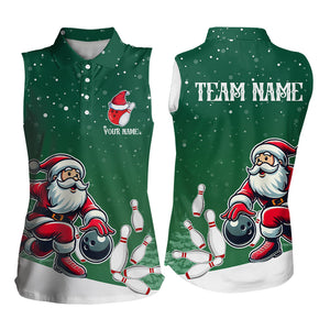 Christmas Santa Bowling Sleeveless Polo Shirts For Women Custom Christmas Bowling Team Jerseys | Green NQS9053