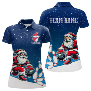 Christmas Santa Bowling Polo, Quarter Zip Shirt For Women Custom Christmas Bowling Team Jersey | Blue NQS9054