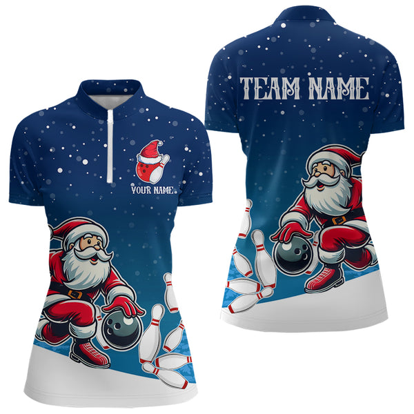 Christmas Santa Bowling Polo, Quarter Zip Shirt For Women Custom Christmas Bowling Team Jersey | Blue NQS9054