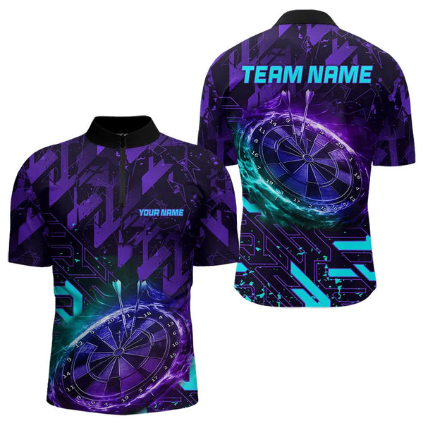 Men Darts Polo, Quarter Zip shirts Custom purple blue abstract Darts Team Jerseys, Darts gifts NQS9449