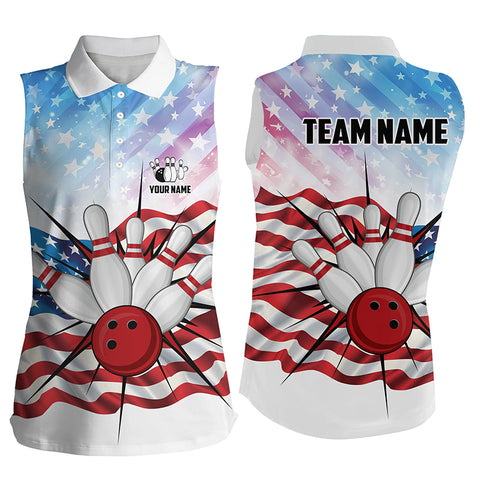 Personalized American Flag Bowling Team sleeveless polo Shirts For Women, Patriotic Bowling Gifts NQS8822