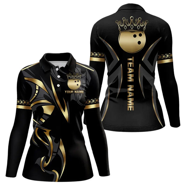 Black and Gold crown Bowling ball Polo, Quarter Zip Shirts for Women Custom Bowling Team jerseys NQS9287