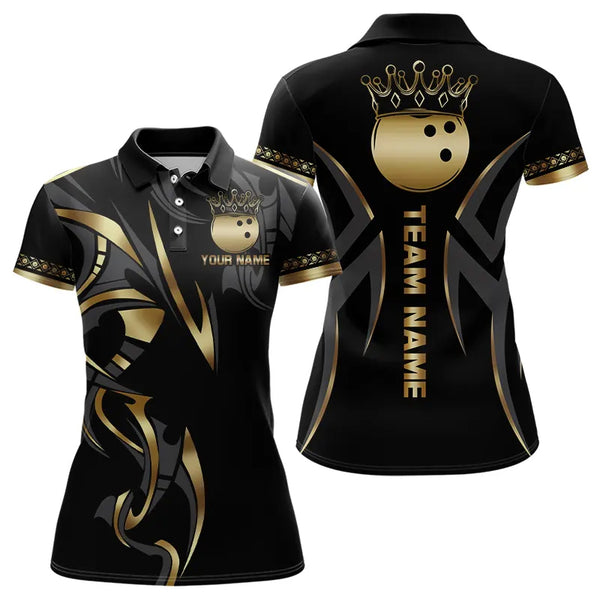 Black and Gold crown Bowling ball Polo, Quarter Zip Shirts for Women Custom Bowling Team jerseys NQS9287