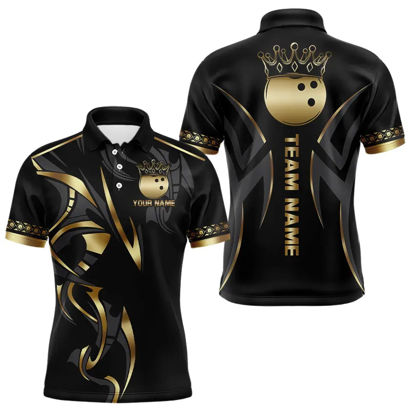 Black and Gold crown Bowling ball Polo, Quarter Zip Shirts for Men Custom Bowling Team jerseys NQS9287