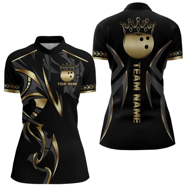 Black and Gold crown Bowling ball Polo, Quarter Zip Shirts for Women Custom Bowling Team jerseys NQS9287